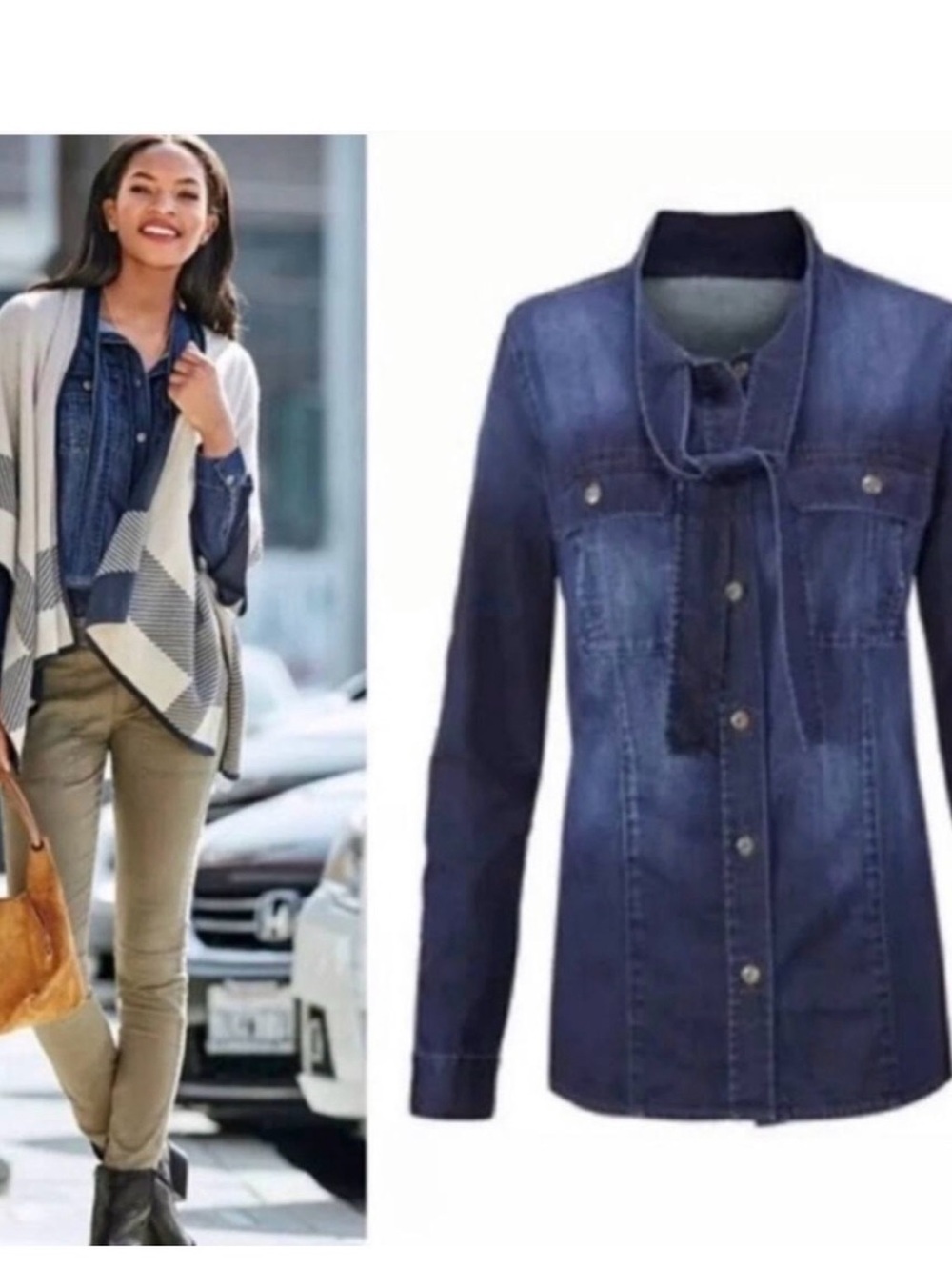 Cabi M Waterfront Dark Wash Denim Chambray Tie Neck Button Up Shirt Top 3290